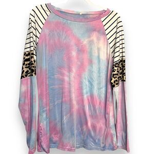 Tie Dye Mixed Print Pullover Shirt Women's Large Multicolor Colorful Casual Top